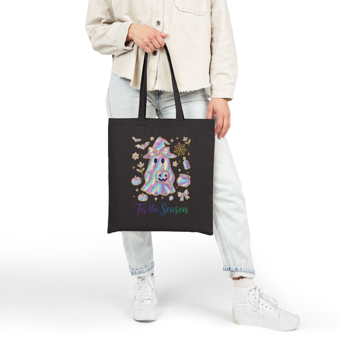 Canvas Tote Bag - 'Tis the Season Cute Iridescent Ghost Design