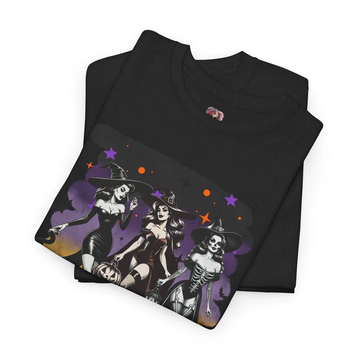 Vintage Gothic Witches Halloween Tee – Sexy Pin-Up Witch Trio Shirt, Spooky Retro Style