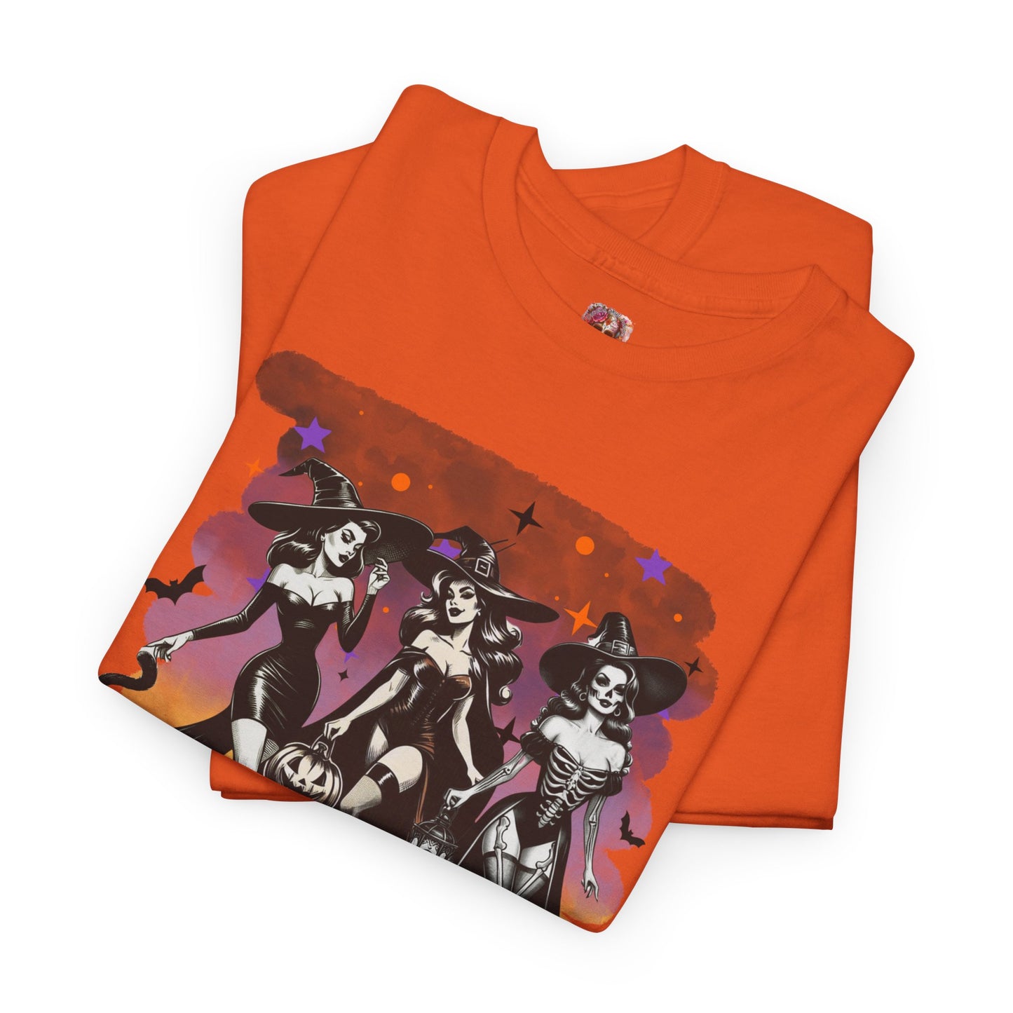 Vintage Gothic Witches Halloween Tee – Sexy Pin-Up Witch Trio Shirt, Spooky Retro Style