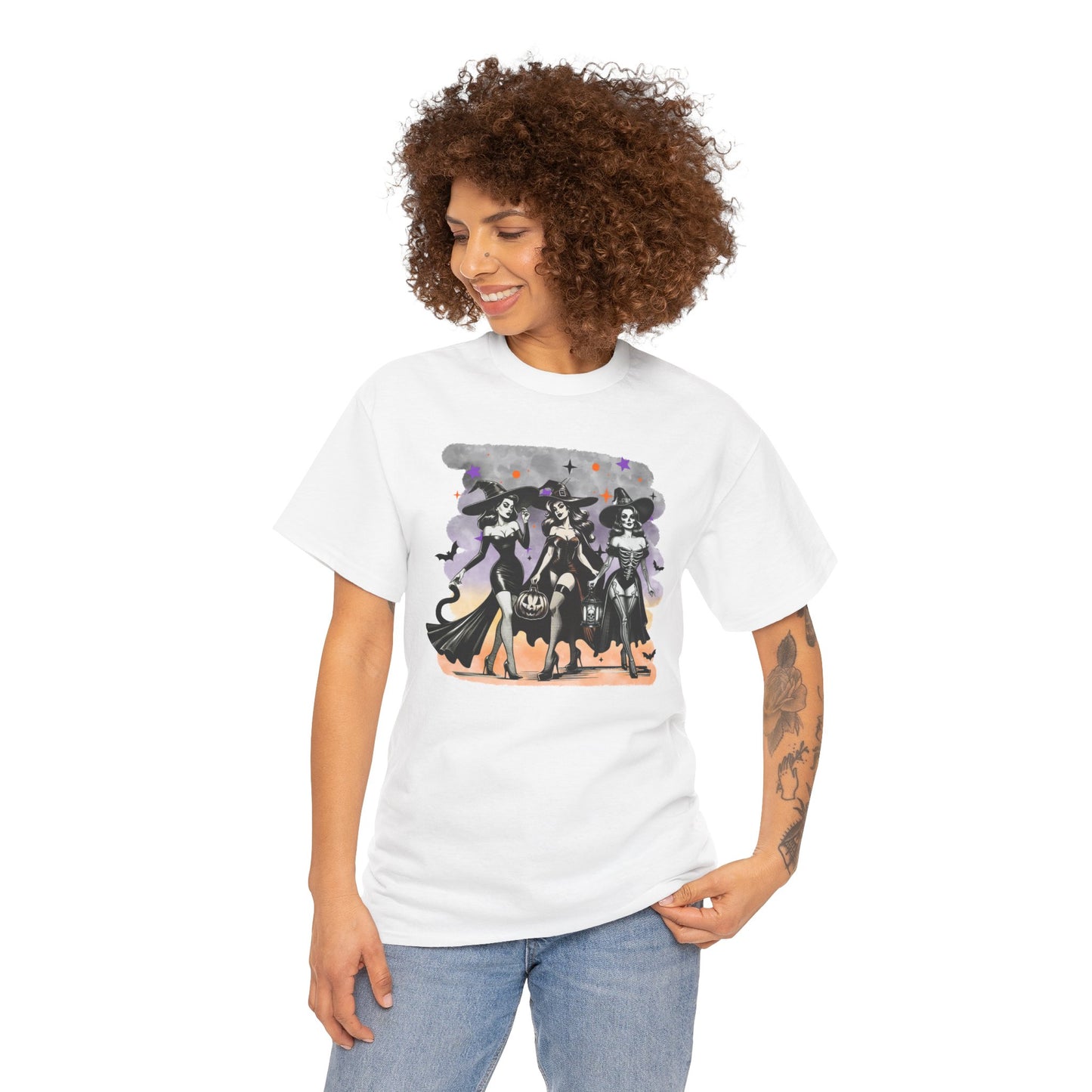 Vintage Gothic Witches Halloween Tee – Sexy Pin-Up Witch Trio Shirt, Spooky Retro Style