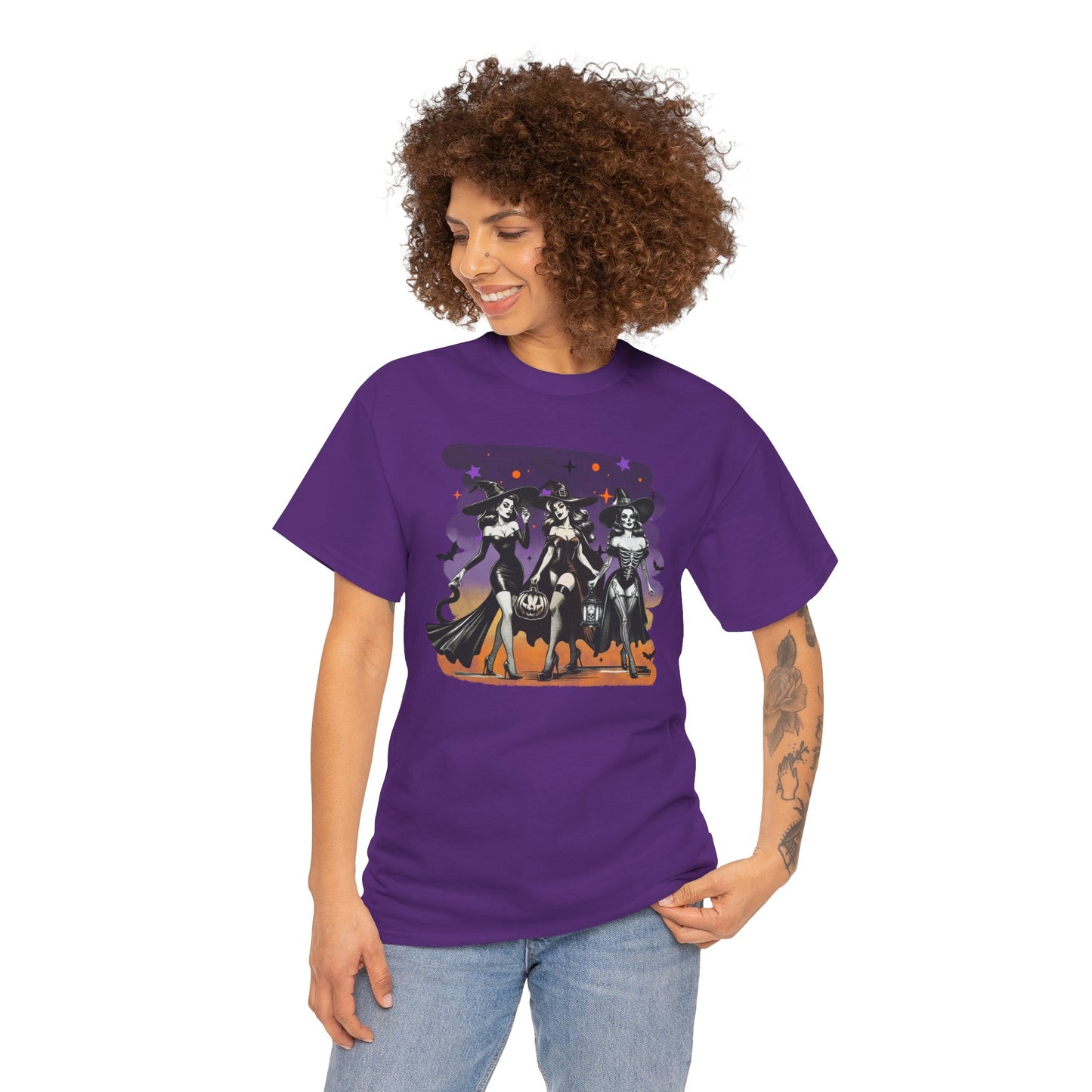 Vintage Gothic Witches Halloween Tee – Sexy Pin-Up Witch Trio Shirt, Spooky Retro Style
