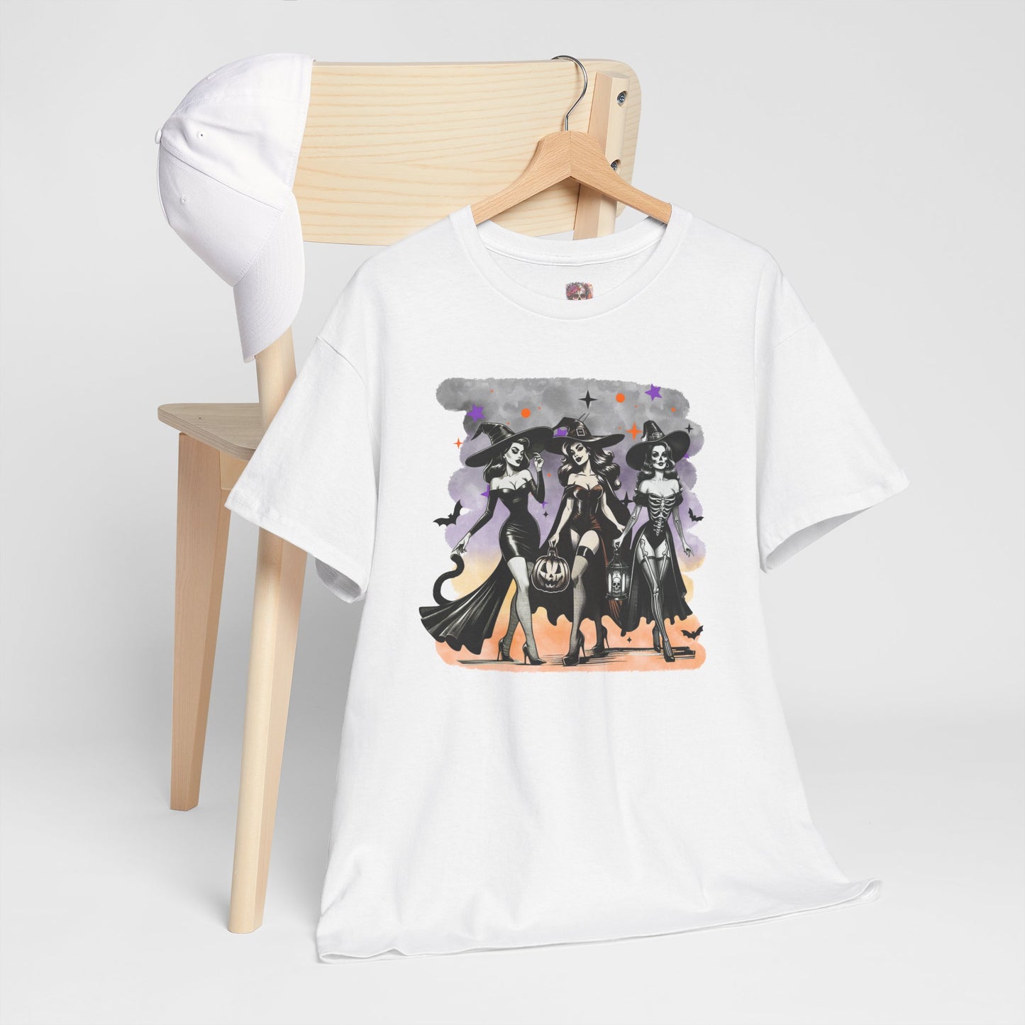 Vintage Gothic Witches Halloween Tee – Sexy Pin-Up Witch Trio Shirt, Spooky Retro Style