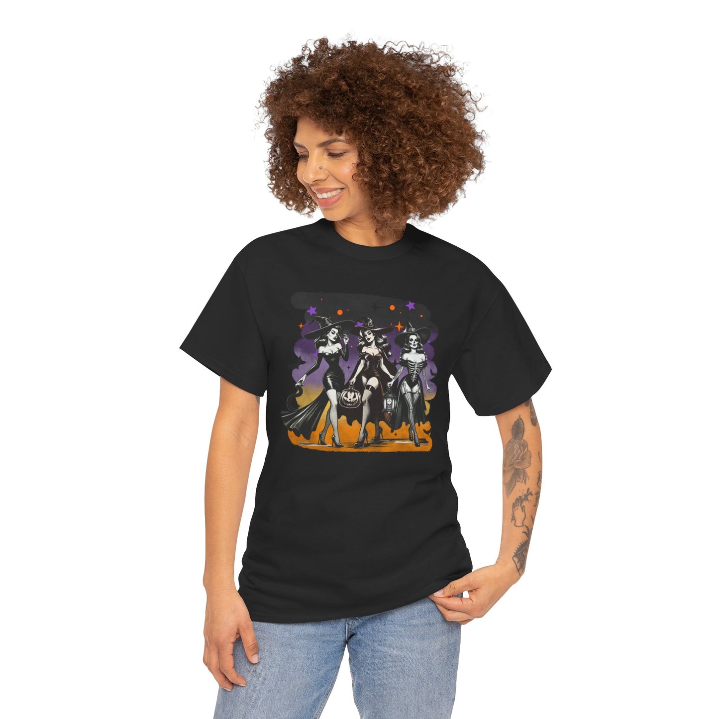 Vintage Gothic Witches Halloween Tee – Sexy Pin-Up Witch Trio Shirt, Spooky Retro Style