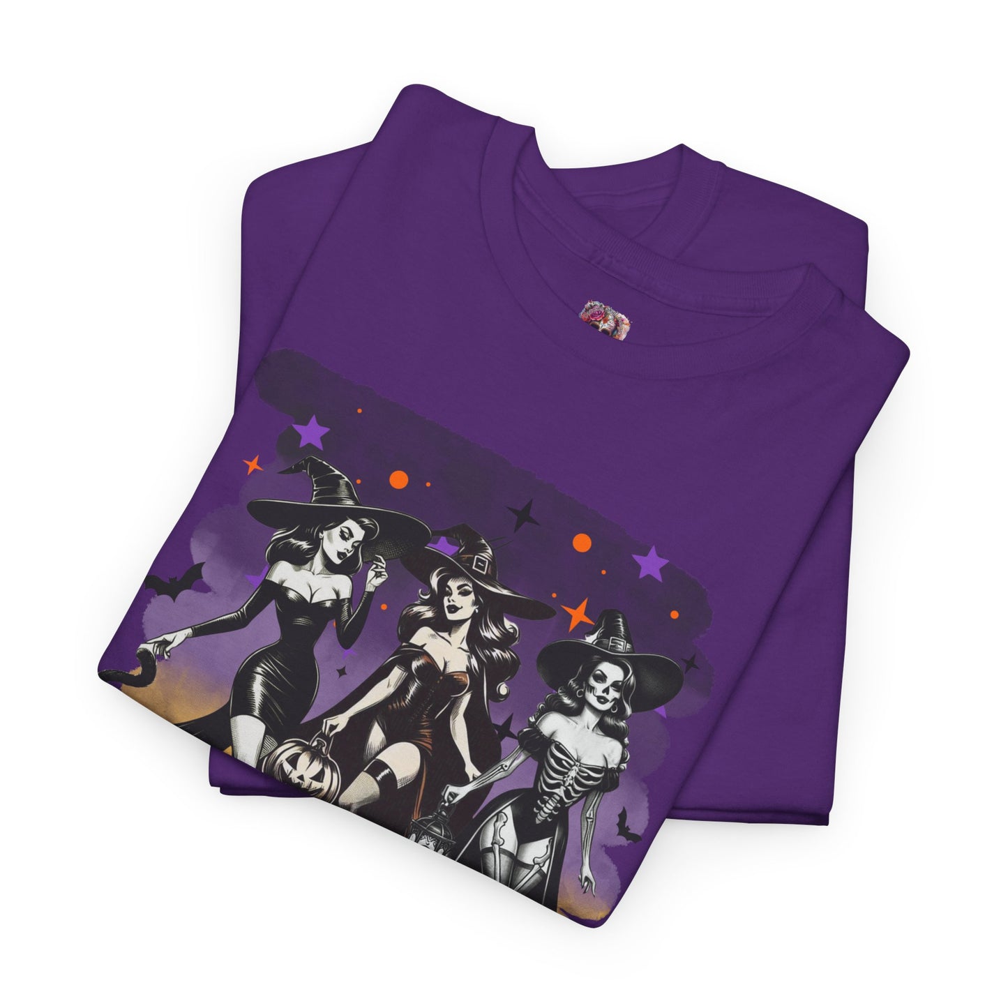 Vintage Gothic Witches Halloween Tee – Sexy Pin-Up Witch Trio Shirt, Spooky Retro Style