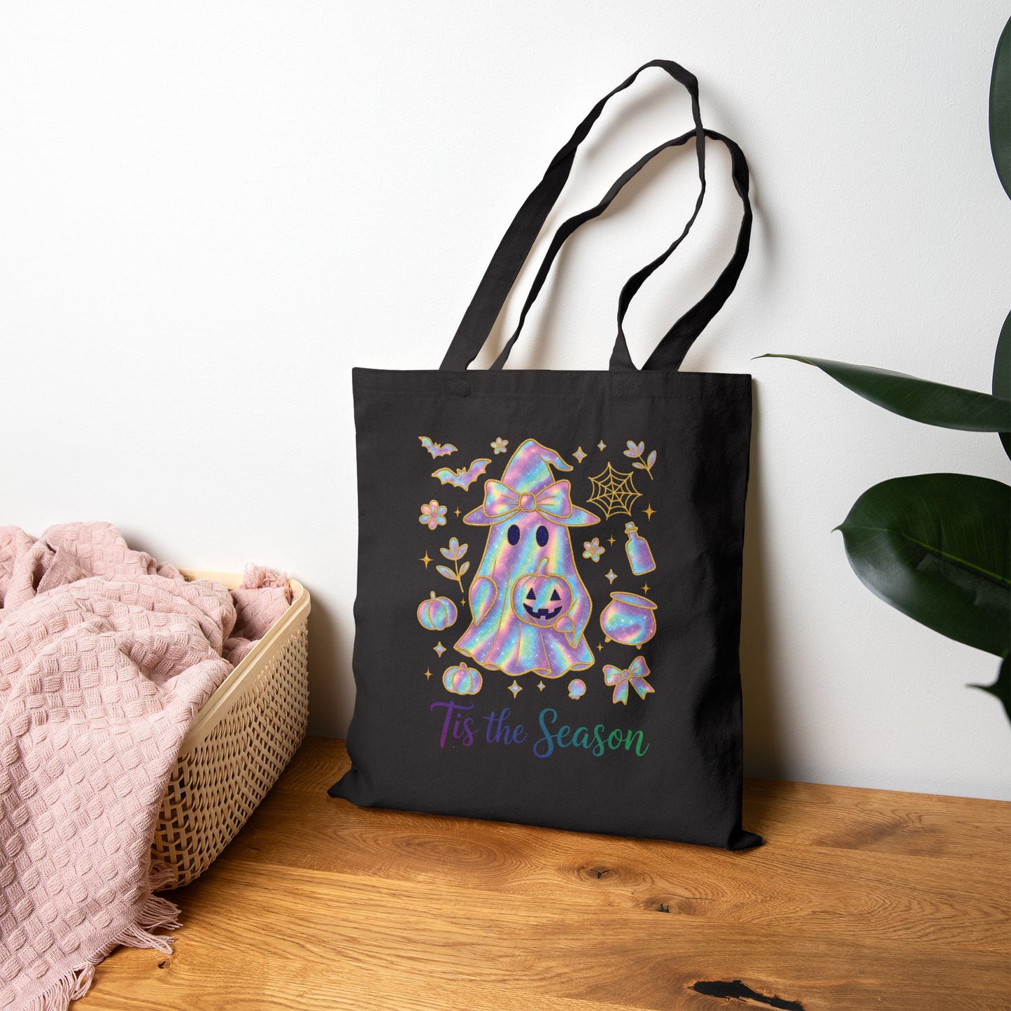 Canvas Tote Bag - 'Tis the Season Cute Iridescent Ghost Design