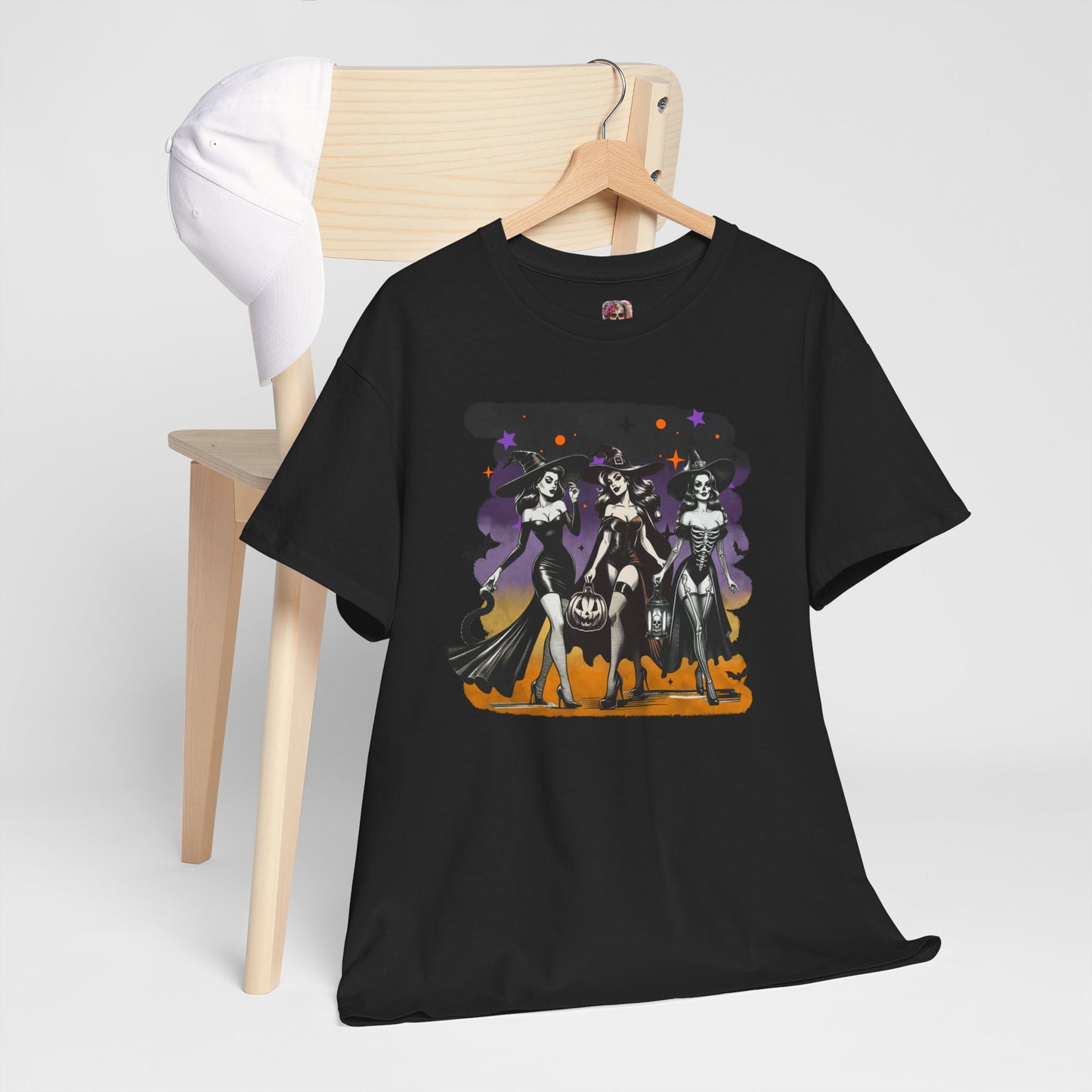 Vintage Gothic Witches Halloween Tee – Sexy Pin-Up Witch Trio Shirt, Spooky Retro Style
