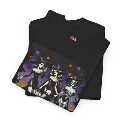 Vintage Gothic Witches Halloween Tee – Sexy Pin-Up Witch Trio Shirt, Spooky Retro Style