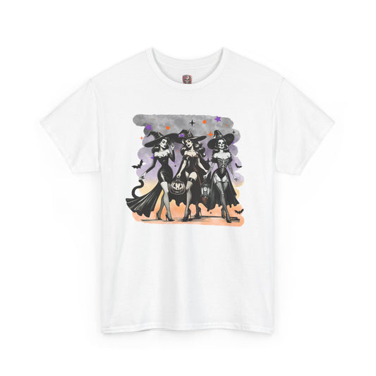 Vintage Gothic Witches Halloween Tee – Sexy Pin-Up Witch Trio Shirt, Spooky Retro Style