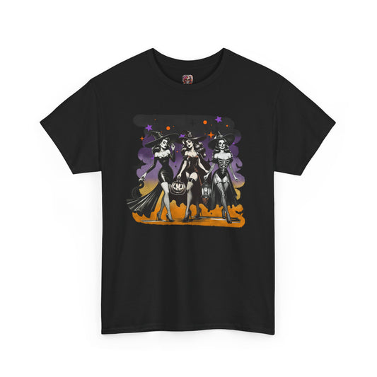 Vintage Gothic Witches Halloween Tee – Sexy Pin-Up Witch Trio Shirt, Spooky Retro Style