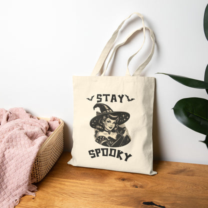 Stay Spooky Cotton Canvas Tote Bag - Halloween Trick or Treat Bag, Witch Tote, Eco-Friendly Shopping Bag, Spooky Gift Bag, Fall Accessory