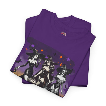 Vintage Gothic Witches Halloween Tee – Sexy Pin-Up Witch Trio Shirt, Spooky Retro Style