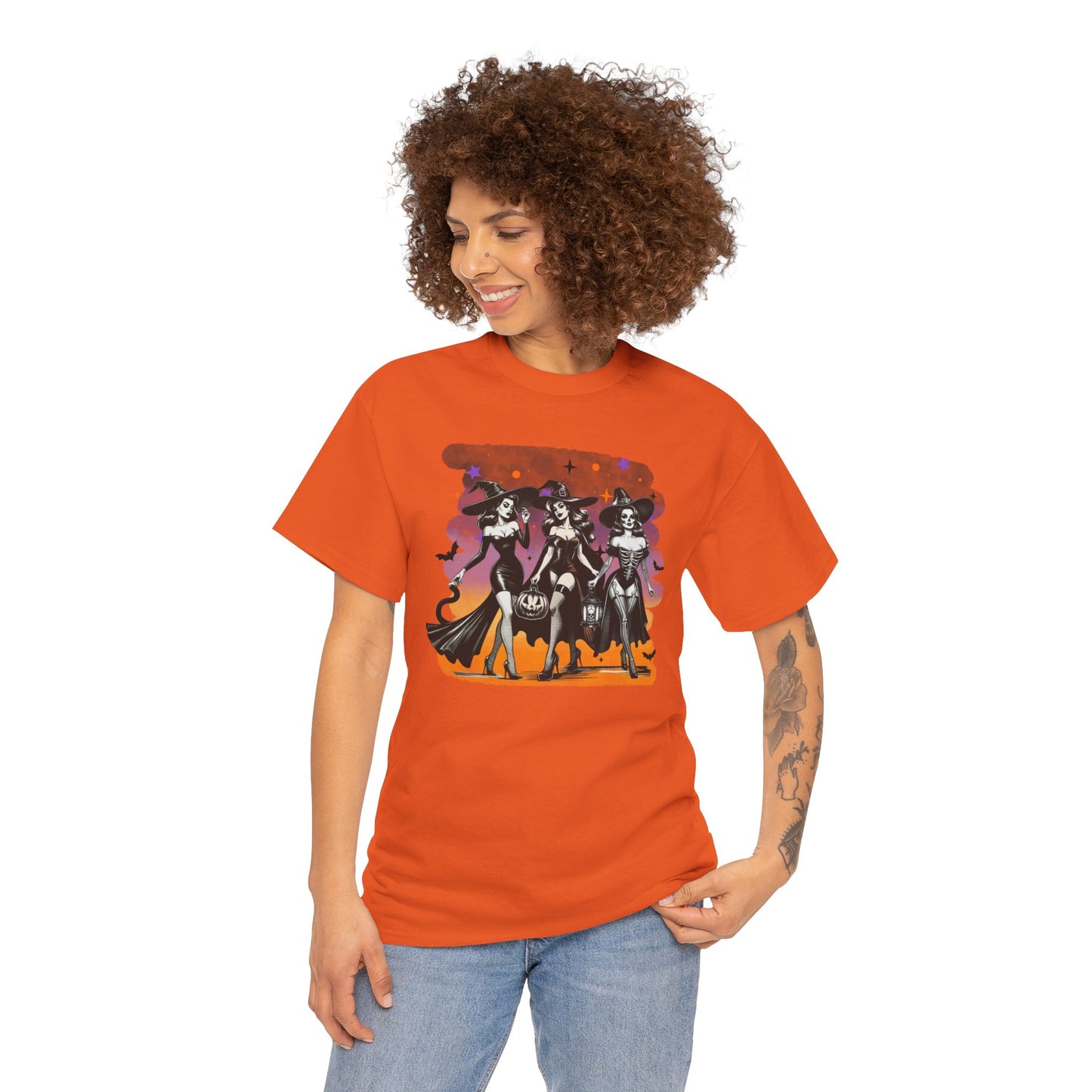 Vintage Gothic Witches Halloween Tee – Sexy Pin-Up Witch Trio Shirt, Spooky Retro Style