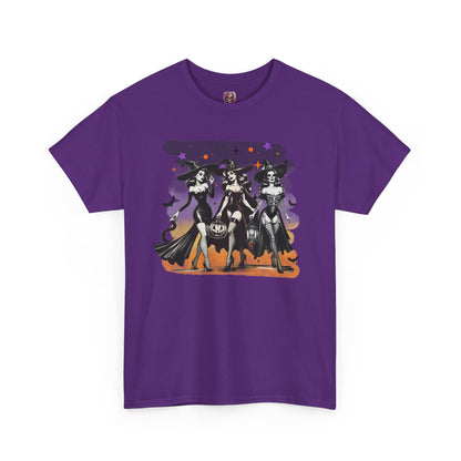Vintage Gothic Witches Halloween Tee – Sexy Pin-Up Witch Trio Shirt, Spooky Retro Style